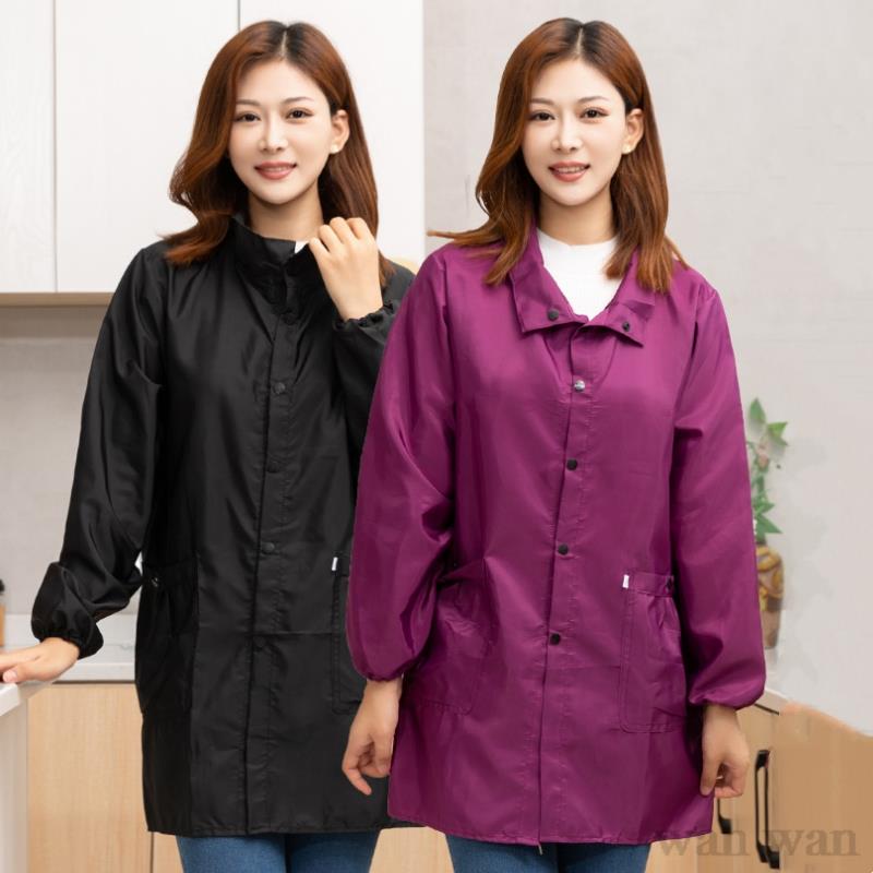 Home Cooking Meals - เสื้อผ้าทำงานสไตล์บางเฉียบ แขนยาว ชุดกันน้ำ ชุดทำครัวในบ้าน ผ้ากันเปื้อนสำหรับผู้หญิง ผ้ากันน้ำมัน