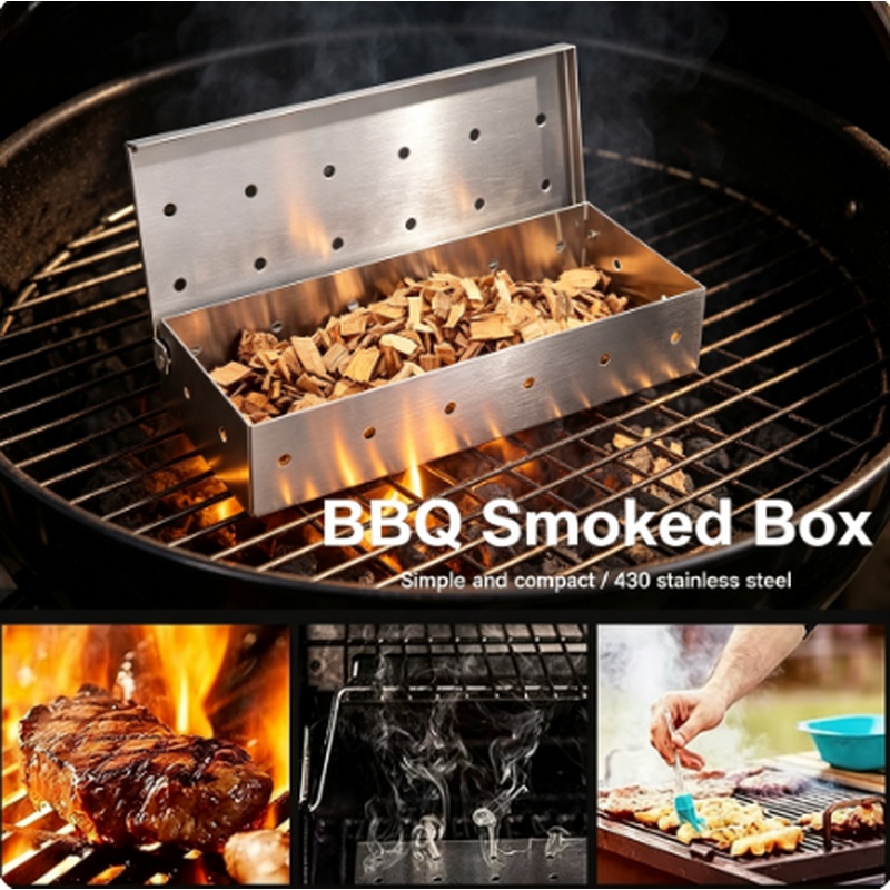Smoker Box Wood Chip - กล่องรมควันสแตนเลสสำหรับชิปไม้ อุปกรณ์เสริมสำหรับบาร์บีคิว ดีไซน์ป้องกันการบิดงอสำหรับเตาย่างแก๊สและเตาย่างถ่าน