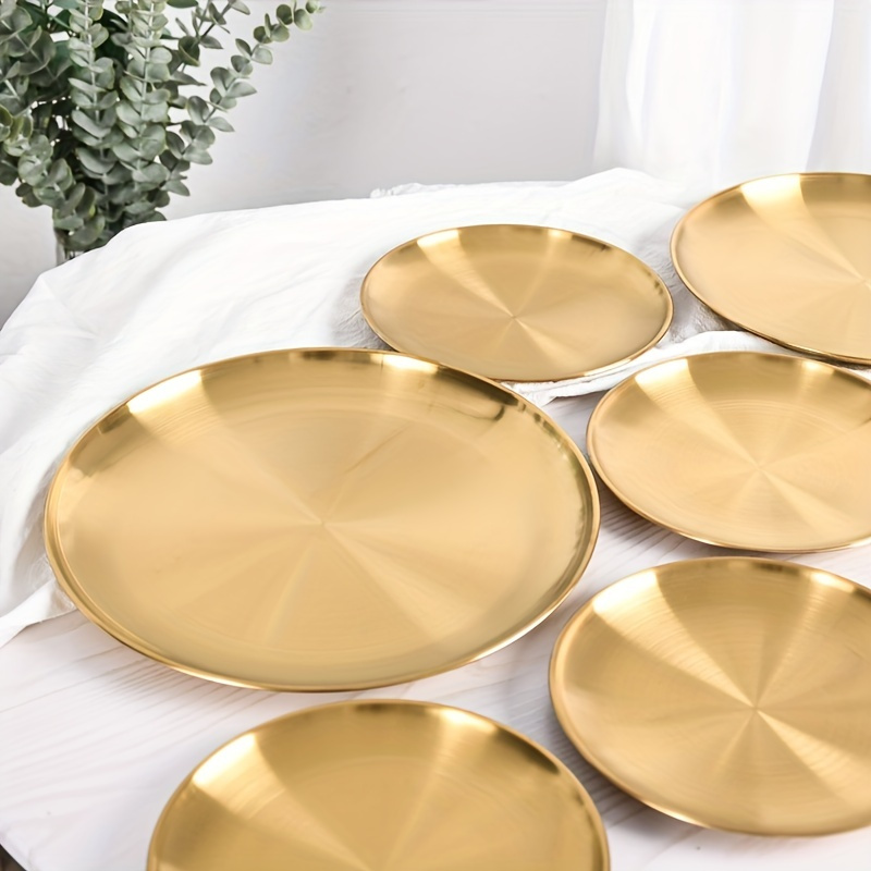 Home Cooking Dishes - 2 ชิ้น, จานพิซซ่าสีทอง, จานอาหารสแตนเลส, ถาดกลมสีทอง, จานเสิร์ฟอาหาร,