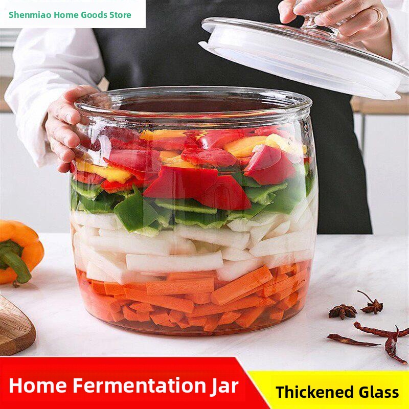 Fermentation Crock - โถแก้วหนาพิเศษสำหรับกิมจิ พร้อมฝาปิดด้านใน ปิดผนึกอย่างดี สำหรับดองผักและไข่ ภาชนะเก็บอาหารแบบพกพาสำหรับครัว
