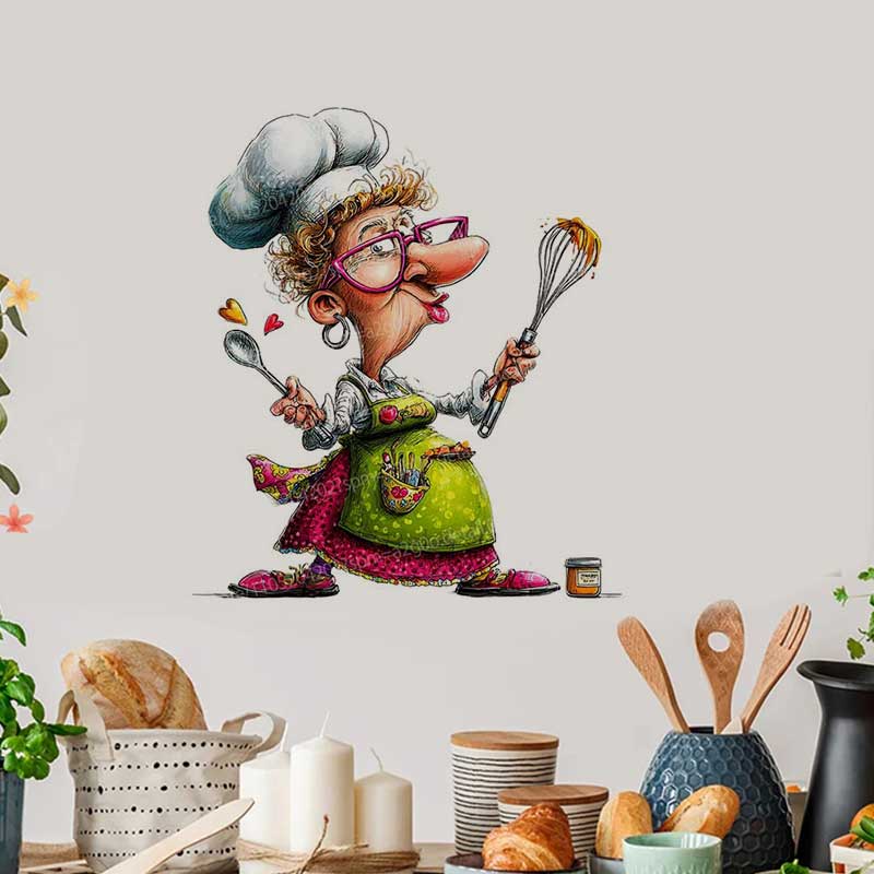 Home Cooking Meals - สติ๊กเกอร์ตกแต่งบ้านลายผู้หญิงทำอาหารสุดฮา สำหรับตกแต่งห้องครัว ห้องรับประทานอาหาร ตู้เย็น งานศิลปะไวนิลสำหรับผู้หญิง AA244